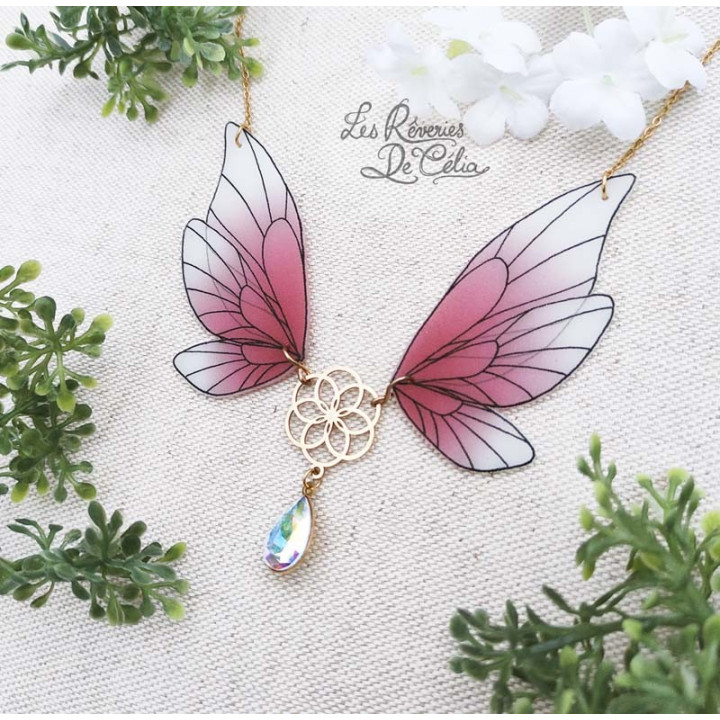 MAJESTIEL - Grand collier ailes de fée framboise et doré