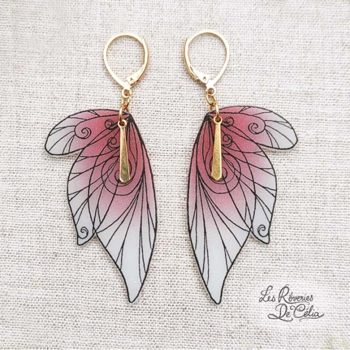 SÉLÈNE - Boucles d'oreilles ailes de fée doré et framboise