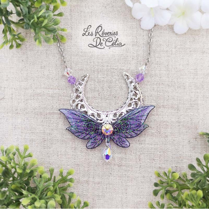 LUNA - Collier Ailes de fée lune violet brillant