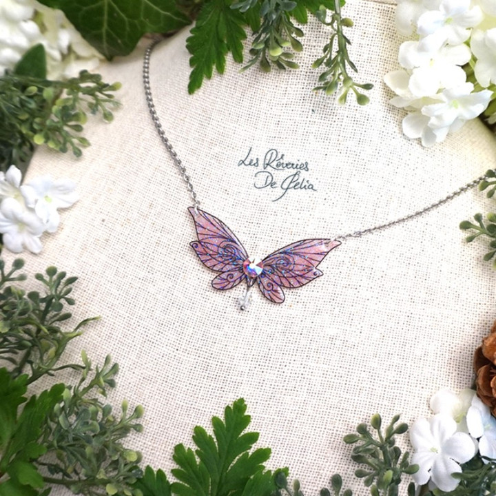 LUTINE - Mini collier ailes de fée rose