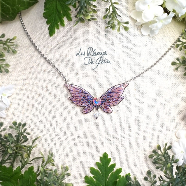 LUTINE - Mini collier ailes de fée rose