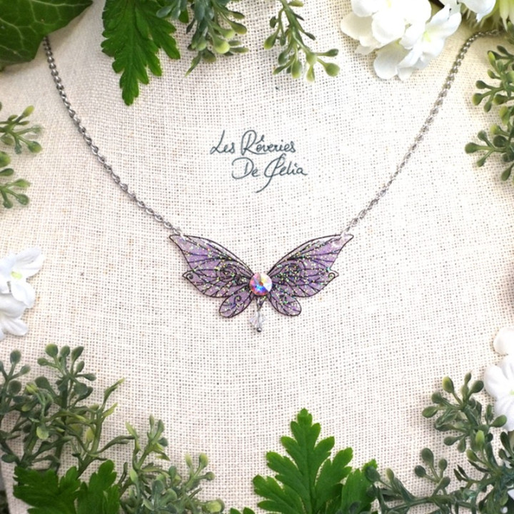 LUTINE - Mini collier ailes de fée violet