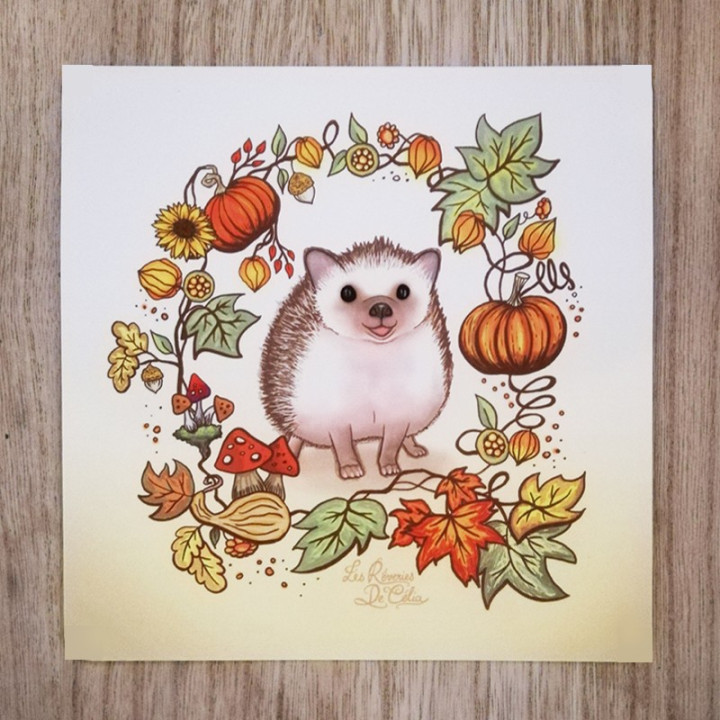 Carte Postale Hérisson Illustration automne carré