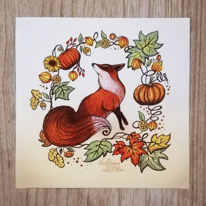 Carte Postale Renard Illustration automne carré