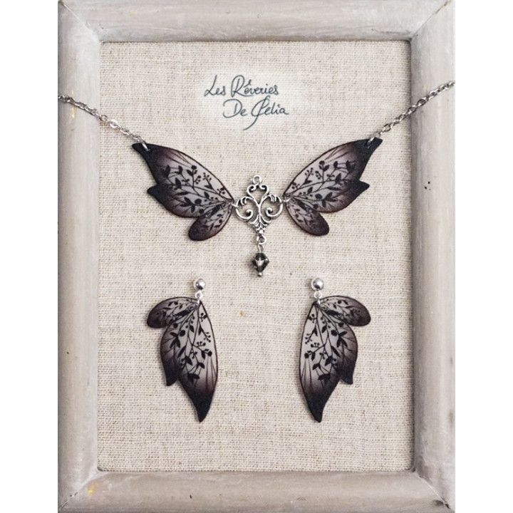 COFFRET 3 - Collier Aldéra et boucles d'oreilles ailes de fée noir