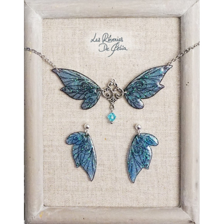 COFFRET 3 - Collier Aldéra et boucles d'oreilles ailes de fée bleu