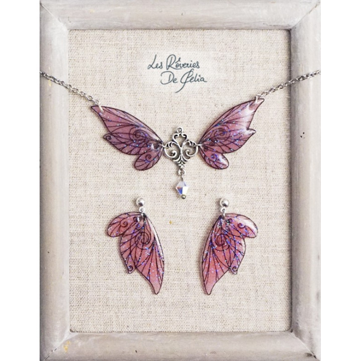 COFFRET 3 - Collier Aldéra et boucles d'oreilles ailes de fée rose