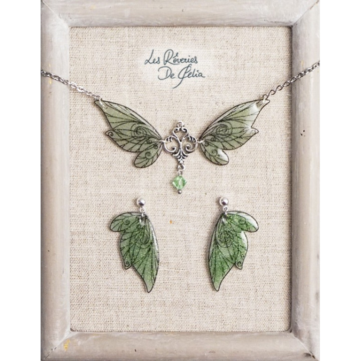 COFFRET 3 - Collier Aldéra et boucles d'oreilles ailes de fée vert