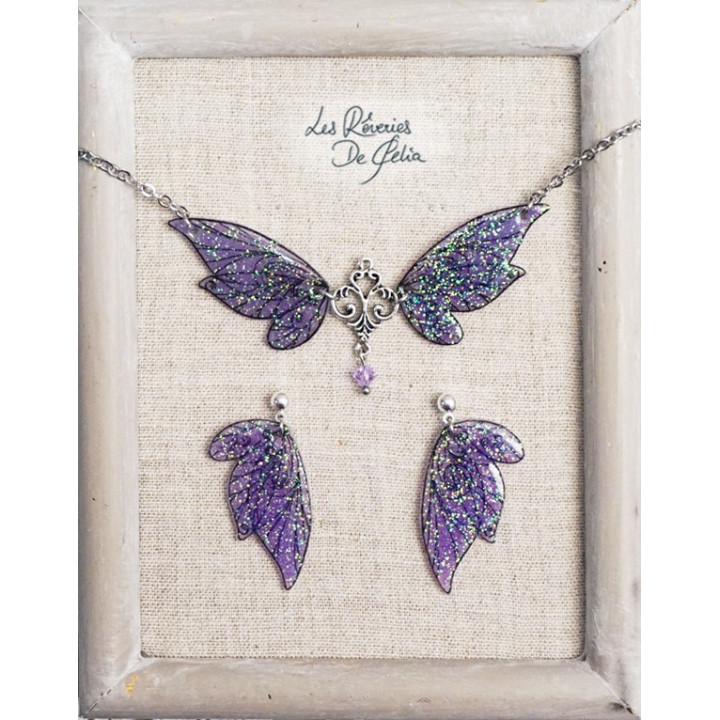 COFFRET 3 - Collier Aldéra et boucles d'oreilles ailes de fée violet
