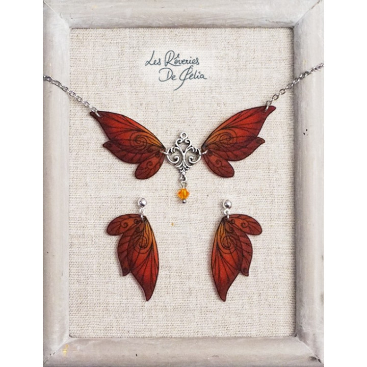 COFFRET 3 - Collier Aldéra et boucles d'oreilles ailes de fée rouge