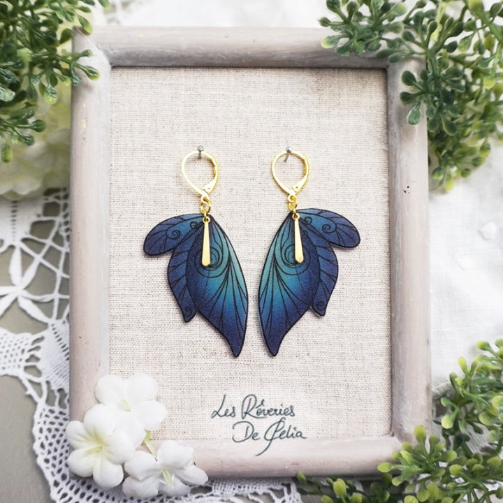 SÉLÈNE - Boucles d'oreilles ailes de fée doré et bleu/turquoise