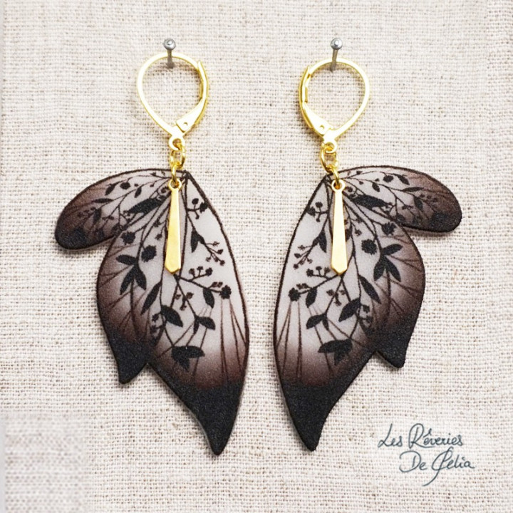 SÉLÈNE - Boucles d'oreilles ailes de fée doré et noir