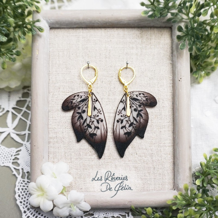 SÉLÈNE - Boucles d'oreilles ailes de fée doré et noir