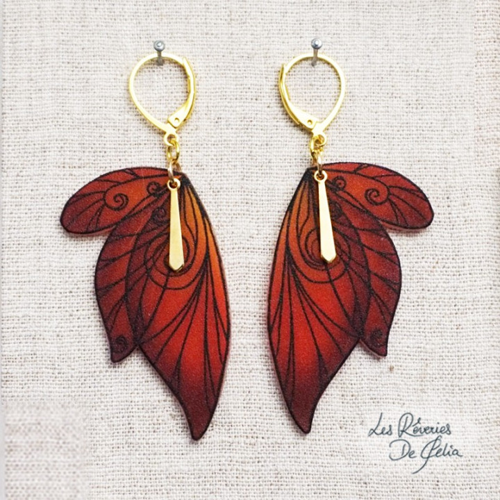 SÉLÈNE - Boucles d'oreilles ailes de fée doré et rouge