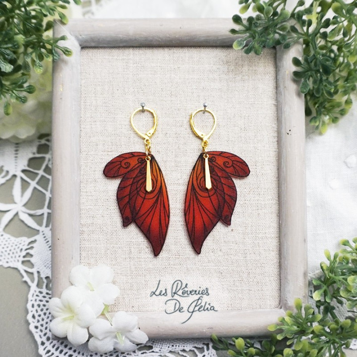 SÉLÈNE - Boucles d'oreilles ailes de fée doré et rouge