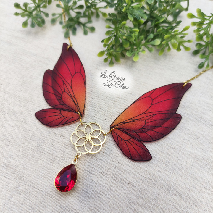 MAJESTIEL - Grand collier ailes de fée rouge et doré