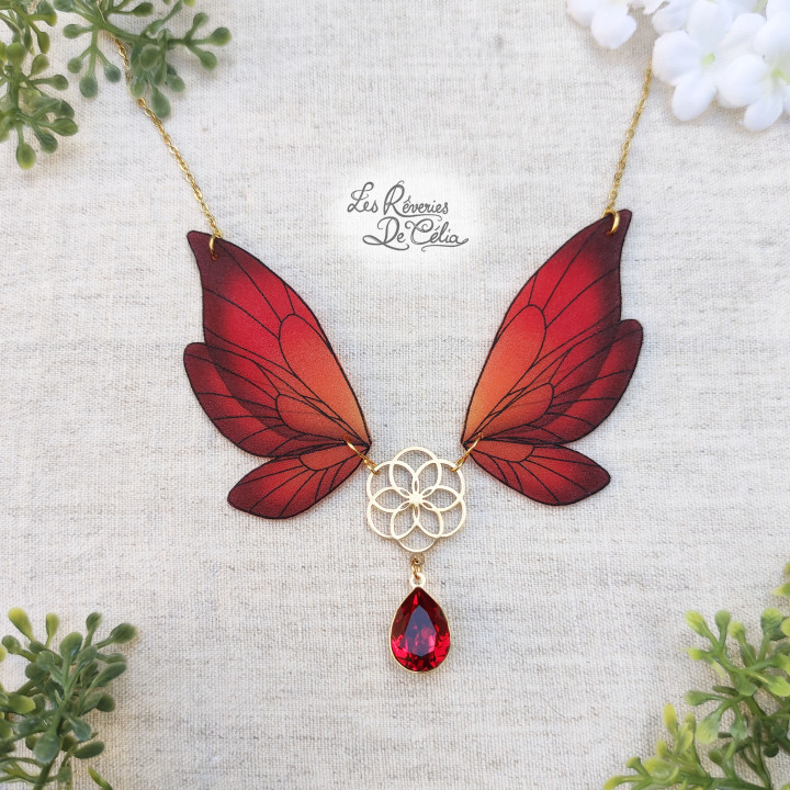 MAJESTIEL - Grand collier ailes de fée rouge et doré