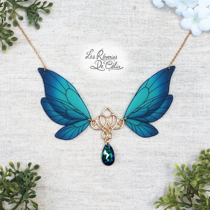 MAJESTIEL - Grand collier ailes de fée bleu et doré