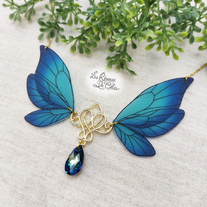MAJESTIEL - Grand collier ailes de fée bleu et doré