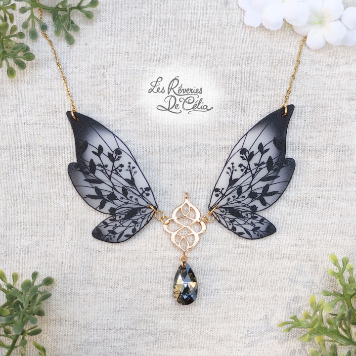MAJESTIEL - Grand collier ailes de fée noir et or