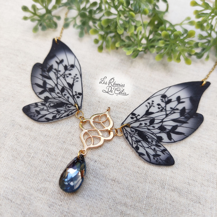 MAJESTIEL - Grand collier ailes de fée noir et or