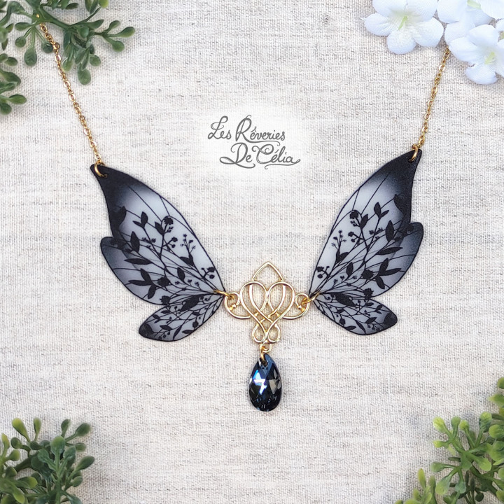 MAJESTIEL - Grand collier ailes de fée noir et or