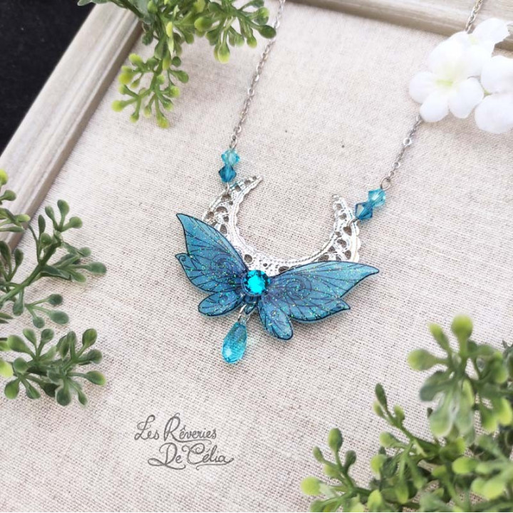 LUNA - Collier Ailes de fée lune turquoise brillant