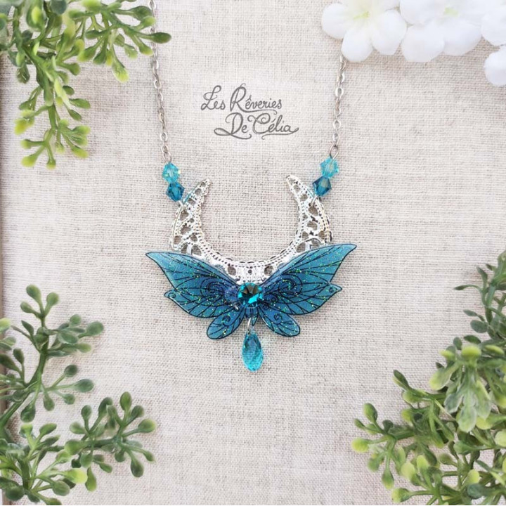LUNA - Collier Ailes de fée lune turquoise brillant