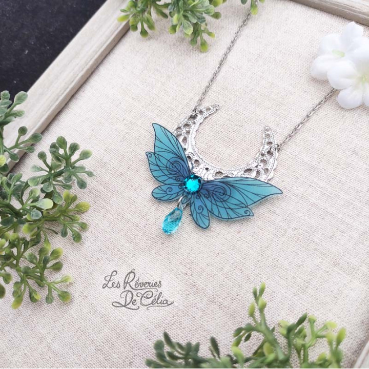 LUNA - Collier Ailes de fée lune turquoise mat