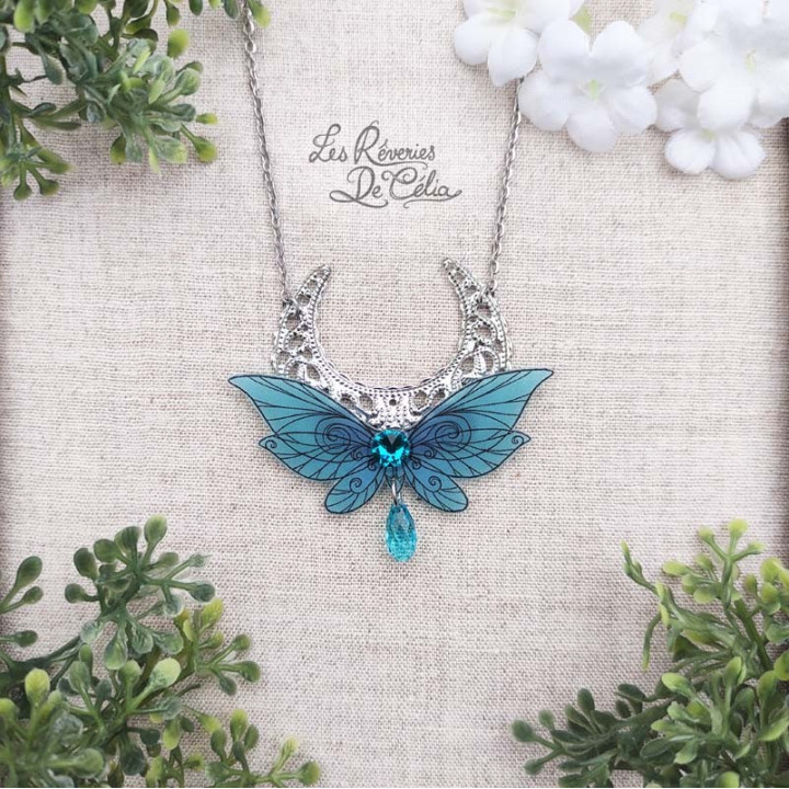 LUNA - Collier Ailes de fée lune turquoise mat