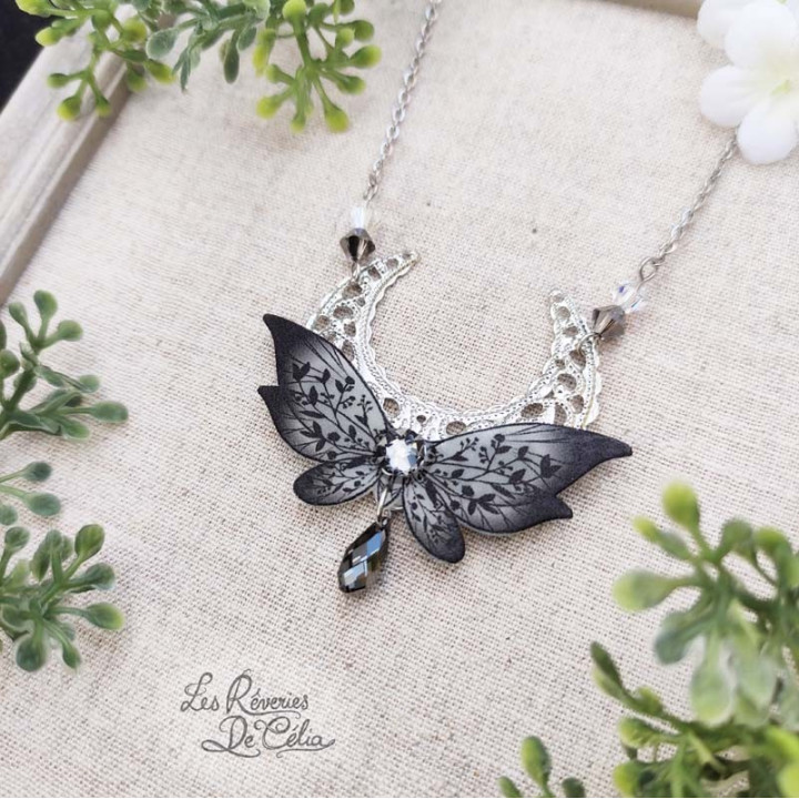 LUNA - Collier Ailes de fée lune noir mat