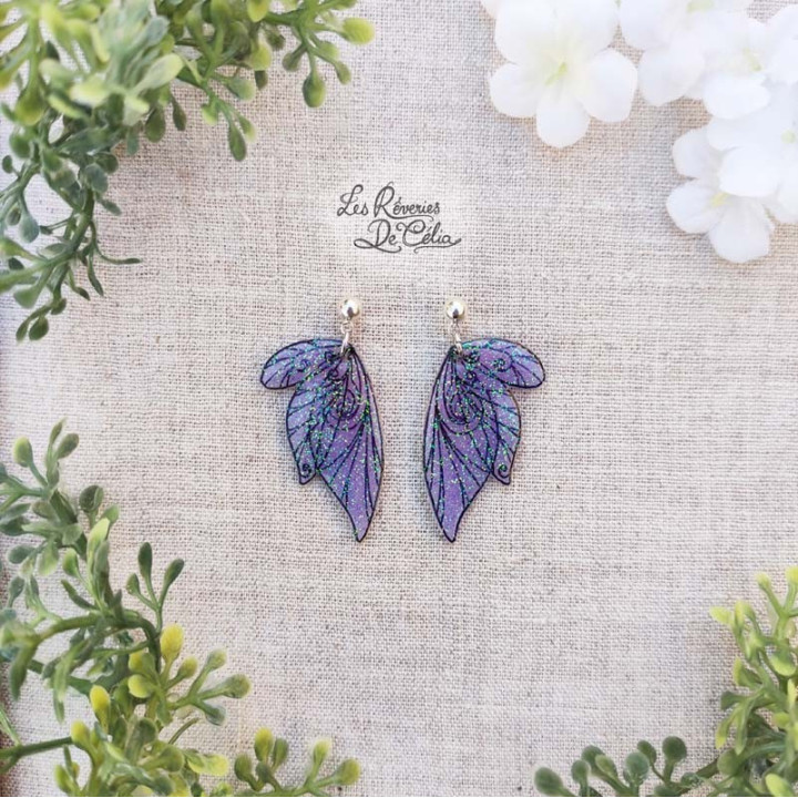 CALIXTE - Boucles d'oreilles mini ailes de fée violet